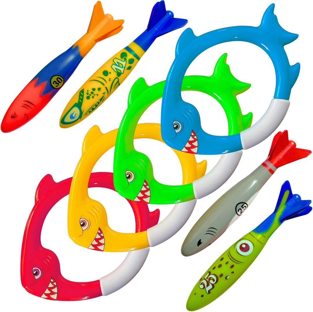 Haktoys Shark Dive Rings Pool Diving Toys for Kids, Sinking Swim Training Toys for Boys & Girls, Underwater Pool Games & Summer Fun, 8-Piece Fish Rings Set & Torpedoes