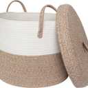 Storage Basket with Lid, 16x16x13 Large Blanket Basket Living Room, Lidded Woven Cotton Rope Bin with Handle, Wicker Laundry Basket Hamper with Lid, Round Kids Dog Toy Box with Cover (White/Brown)
