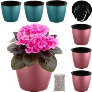 Planterhoma 6.7 Inch Self Watering Pots for Indoor Plants, 6 Packs African Violet Pots, Black Wick Pot with Drainage Holes, Self Watering Planters for Orchid, Devil's Ivy, Blue/Rose Gold