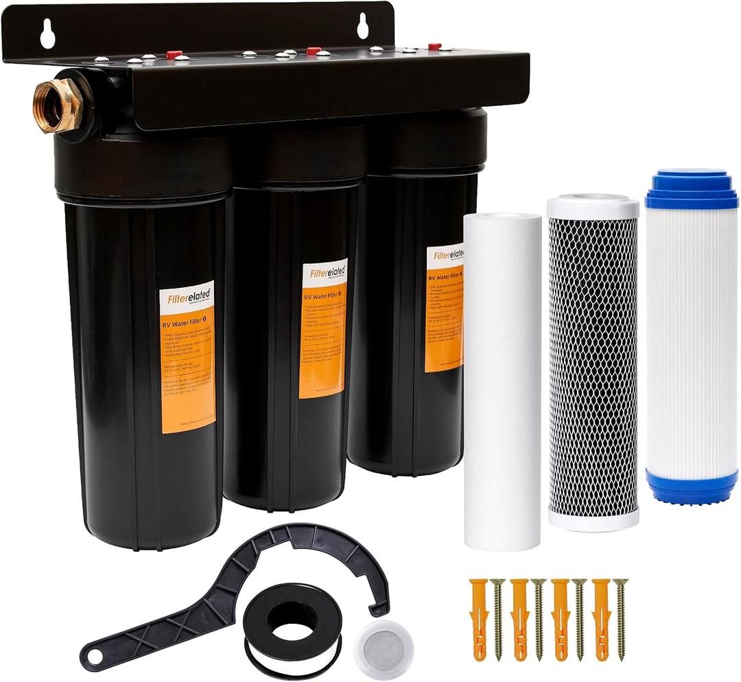 RV Water Filter System,Leak-Free Brass Fittings, Three Filters Included Reduces Sediment,rv Water Filter,Chlorine,Bad Taste and Odors,Suitable for RVs,Boats,Farming & Gardening