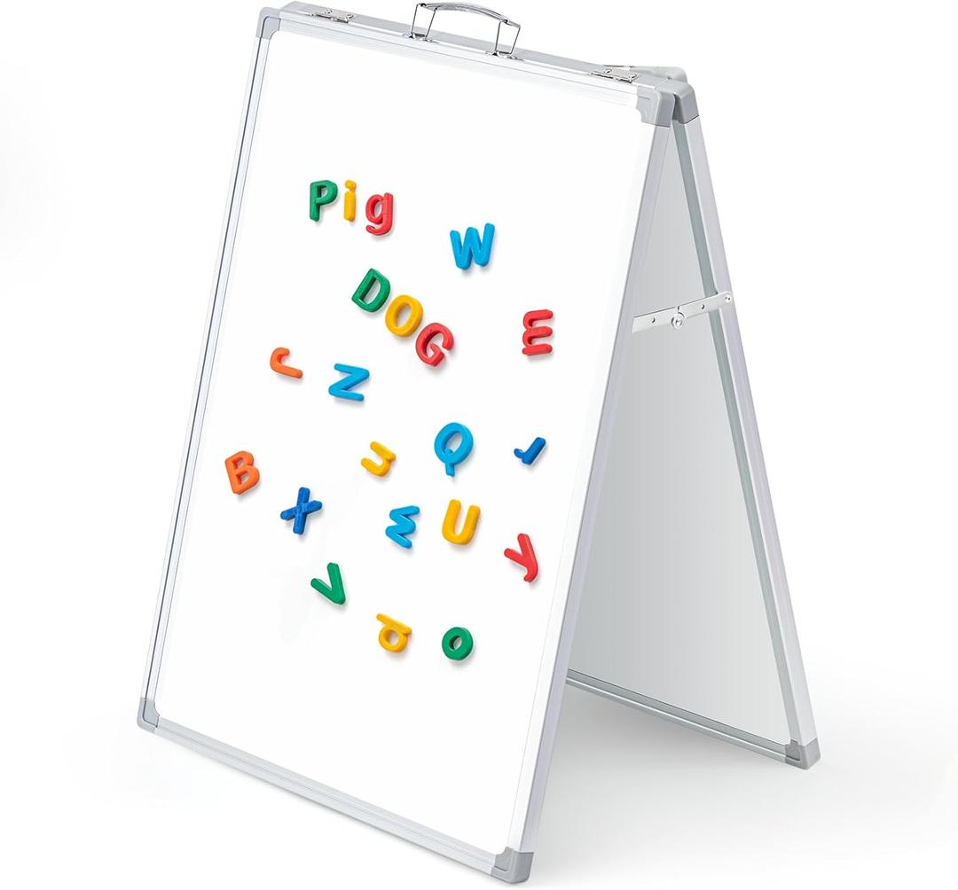 Lincia 24 x 18 Inch Portable Dry Erase Board with Stand, Foldable White Board Double Sided Whiteboard Easel, Silver Aluminum Frame with Metal Handle for Office Home School Teaching Demonstration