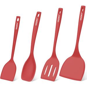 Silicone Spatula Turner Set, 4 Pack, 600F Heat Resistant Cooking Spatulas, Spoons, BPA Free & Non-Stick Kitchen Utensils, Ideal for Flipping Egg, Pancake, and Serving, Dishwasher Safe (Red)