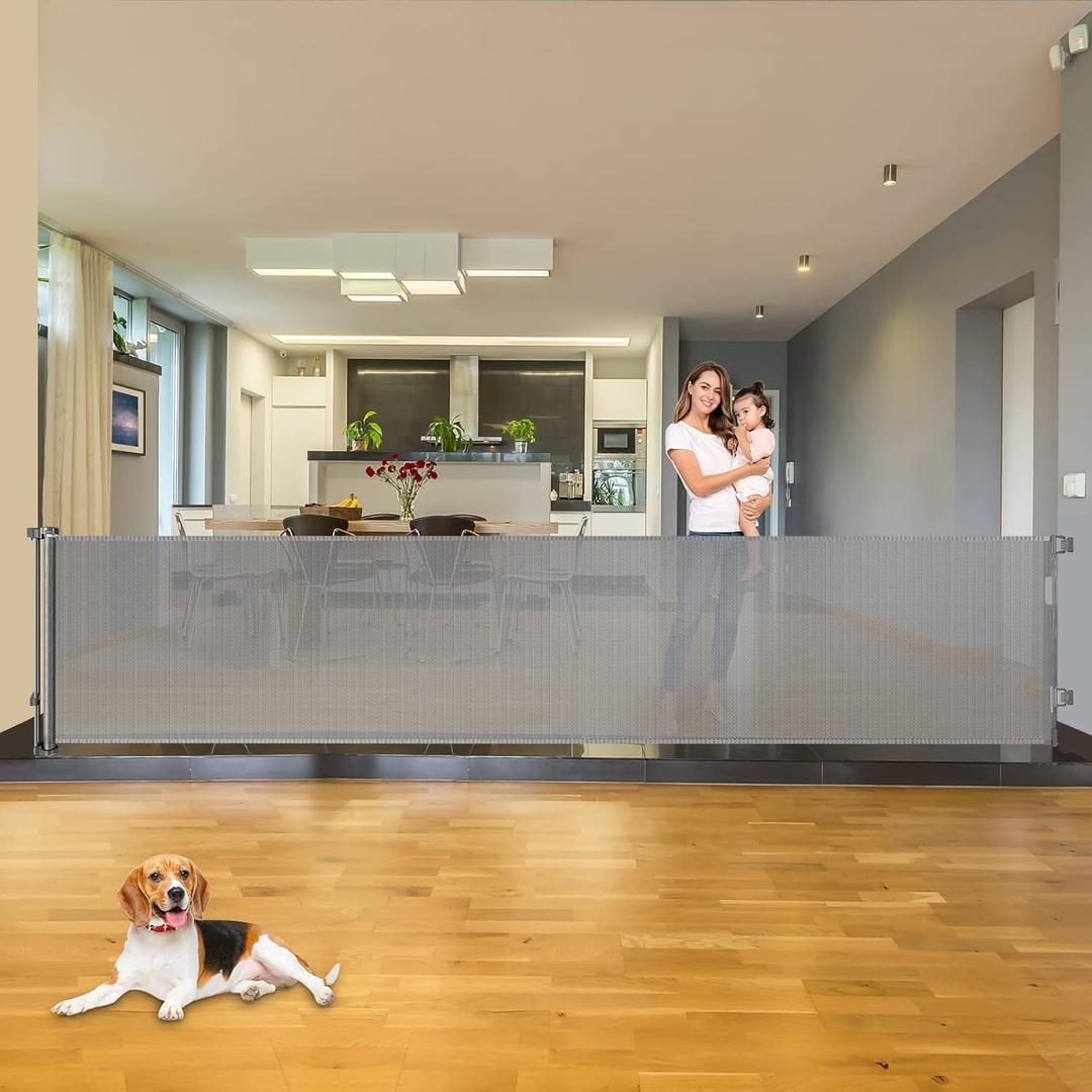 110 Inch Retractable Baby Gates Extra Wide Baby Gate for Large Openings Indoor Outdoor Retractable Dog Gate for Stairs Extra Long Dog Gate Large Retractable Pet Gate Child Gates for Doorways (Gray)