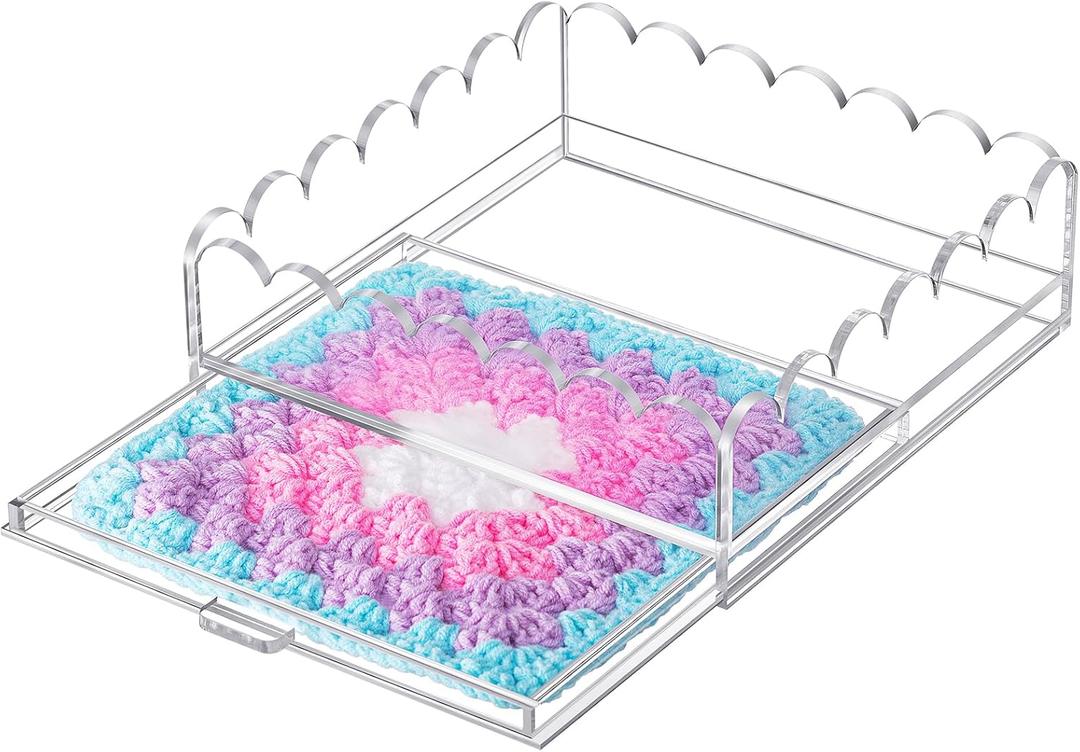 1 Pcs 10" x 10" Acrylic Scalloped Tray Large Clear Acrylic Tray with Drawer for Insert Customizable Photos, Art, and Fabric Scalloped Basket for Needlepoint Napkin Frame Display Messages