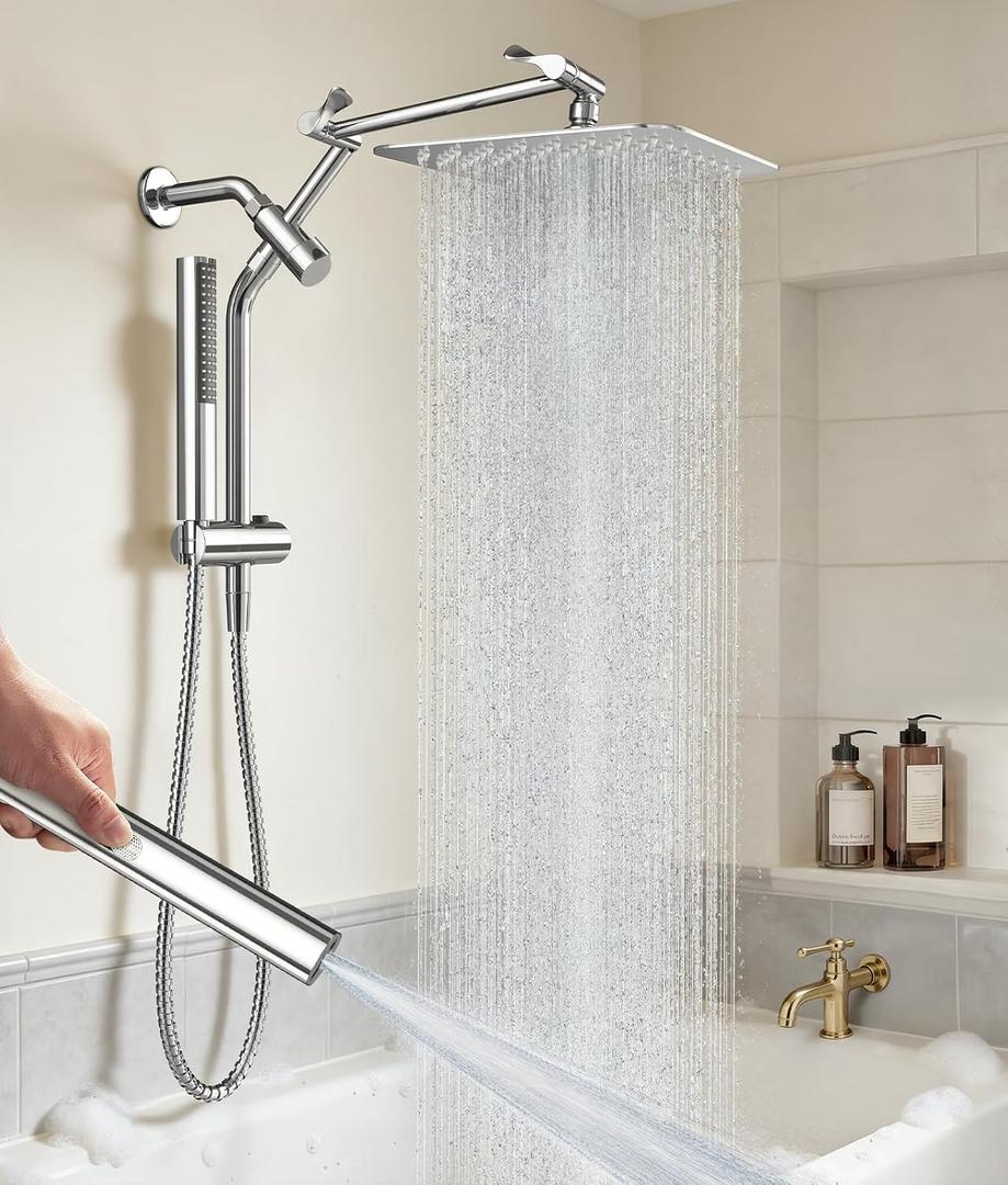 Veken All Metal 10" Shower Head with Handheld, Luxurious Square Double Rain Shower Heads,Power Wash Wand,Dual High Pressure Detachable Rainfall Showerhead with Spray Combo,Extension Arm,Chrome,Sliver