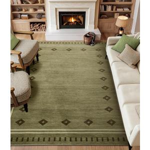 Green Diamond Bordered Rugs for Living Room 8x10, Non-Slip Washable Farmhouse Bedroom Rug, Low-Pile Indoor Carpets, Stain-Resistant Vintage Rugs for Dining Room, Office