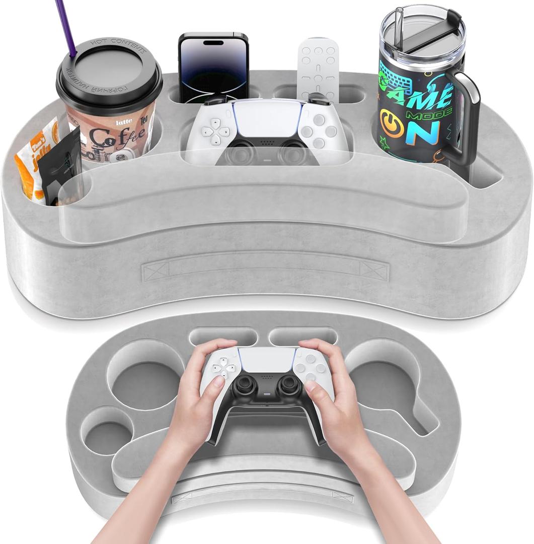Couch Cup Holder Pillow Tray with 6 Slots, Gaming Pillow Couch Cupholder Tray with Armrest Cushion, Couch Caddy & Buddy with Drink, Controller, Remote, Phone Holder, Gaming Snack Holder (Grey)
