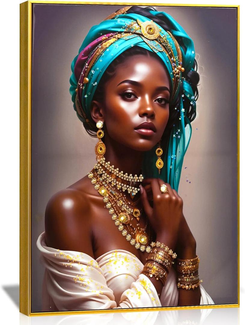 DRLWGTY Framed Wall Art, African Style Elegant Woman Canvas with Handmade Crystals and Gemstones, Large Modern Artwork Ready to Hang for Bedroom, Living Room, Office Decor, 36"L x 24"W