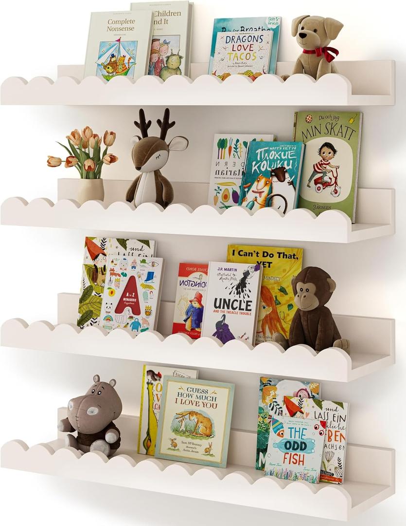 Shario Nursery Book Shelves, 4-Pack White Floating Shelves for Wall Kids, Scalloped Shelves, Wall Book Shelves for Bedroom Kids, Toddler Room, Baby Room, Nursery Decor