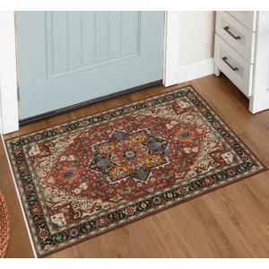 Moynesa Ultra-Thin Washable Area Rug - 2x3 Small Kitchen Rug for Entryway Mat, Oriental Non-Slip Non-Shedding Indoor Floor Carpet for Bathroom Sink Bedroom Living Room Coffee Table Hardwood Floors (Brown/Multi)