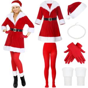 Jamntower 6 Pcs Santa Claus Costume Women Adult May Cosplay Christmas Dress with Belt Hat Necklace Gloves for Xmas Party(Red,XL)