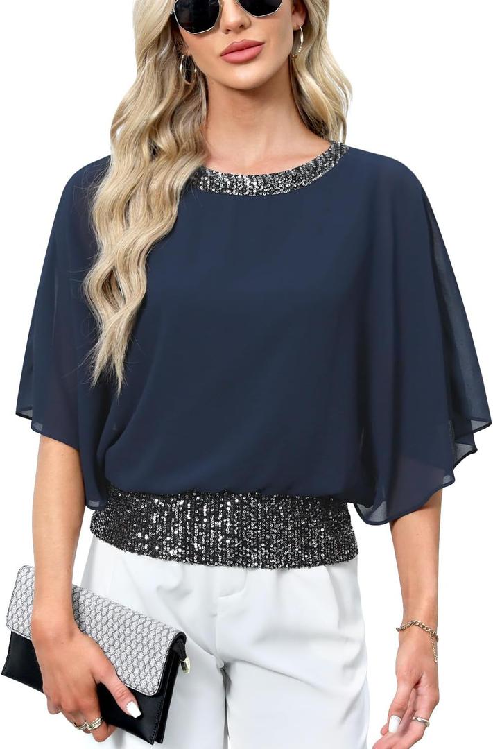 For G and PL Women's Dressy Sequin Formal Wedding Top Batwing Sleeve Chiffon Party Shirt (XXL)