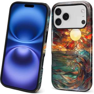 Case for iPhone 17 Pro, 2 in 1 PC Hard Shell Silicone Inner Bumper Anti-Scratch Full-Body Cover Shockproof Slim Design Stained Glass Sun Waves