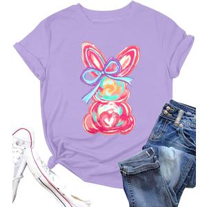 Easter Shirts for Women Happy Bunny Shirt Cute Rabbit Graphic Tee Funny Easter Gifts Short Sleeve Tops (Purple, M)