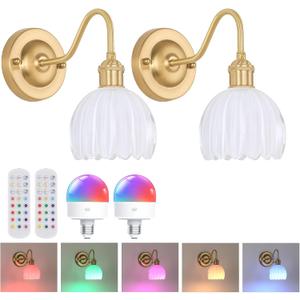 Vintage Battery Operated Wall Sconce Set of 2, 5000mAh Rechargeable Wall Light, Indoor Battery Powered Wall Lamp for Bedside Bedroom Living Room, Tulip White