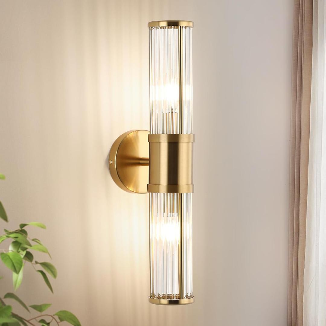 Modern Brushed Brass Vanity Light Fixture - Dual Glass Rods Wall Sconce for Bathroom, Double Light Socket E12 Candelabra Base, Mirror Vanity Lighting (Bulbs Not Included) (19.69 inch)
