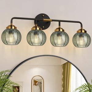 MOKATNG Bathroom Light Fixtures, 4-Light Green Vanity Lights with Unique Leaf Texture Glass Shade, Modern Matte Black and Gold Bathroom Wall Lamp for Mirror Hallway Cabinet Living Room