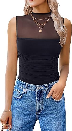 Avidlove Women's Mock Neck Mesh Bodysuit Ruched Tank Body Suits Top Sheer One Piece Going Out Tops Classy Outfits, M