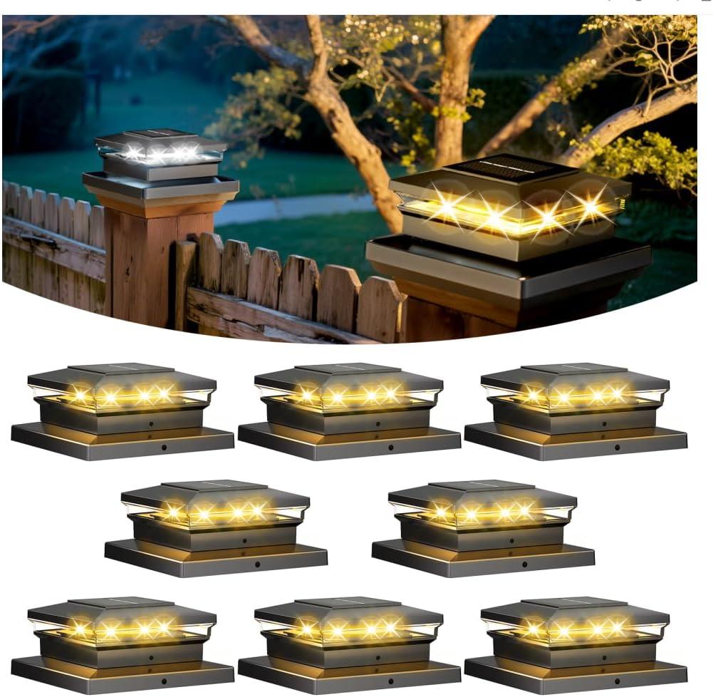 Solar Post Cap Lights, Fence Post Solar Lights 8 Pack, Waterproof Outdoor Post Lights with 2 Color Modes, for Garden Deck Patio, 4x4 5x5 6x6 Wooden/Vinyl Posts