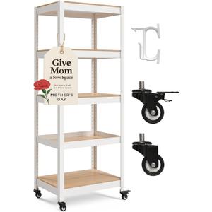 HOMEDANT House White 5-Tier Metal Boltless Rolling Cart Shelf Rack Casters Heavy Duty Wheel Shelving Unit Adjustable Storage Shelves Organizer Shelf Kitchen Garage 24.4" W x 16.5" D x 62.2" H 1Pack ((05) 24.4"W x 16.5"D x 62.2"H, Wheel-White)