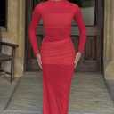 Ekaliy Women's Sexy Mesh Dress Long Sleeve Mock Neck Bodycon Sheer Ruched Maxi Dress Party Cocktail Dresses (Red)