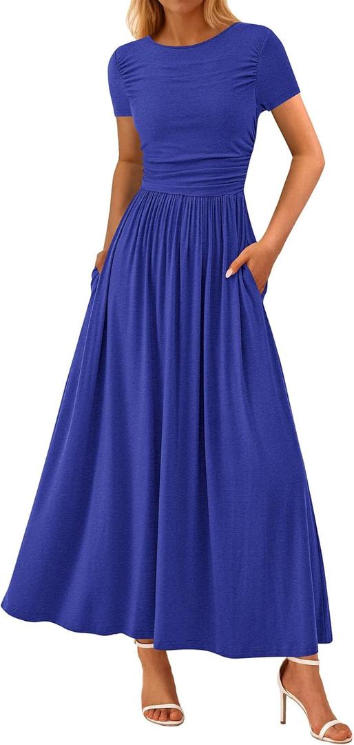 PRETTYGARDEN Women's Casual Dresses 2025 Summer Short Sleeve Ruched Patchwork A Line Pleated Swing Maxi Dress with Pockets, Blue, Large
