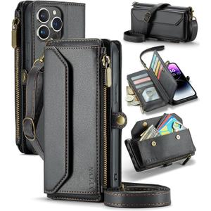 for iPhone 13 Pro Wallet Case with Zipper Card Holder & Crossbody Lanyard Strap & Wrist Strap, RFID Blocking PU Leather Magnetic Flip Handbag Wallet Case for iPhone 13 Pro -Black