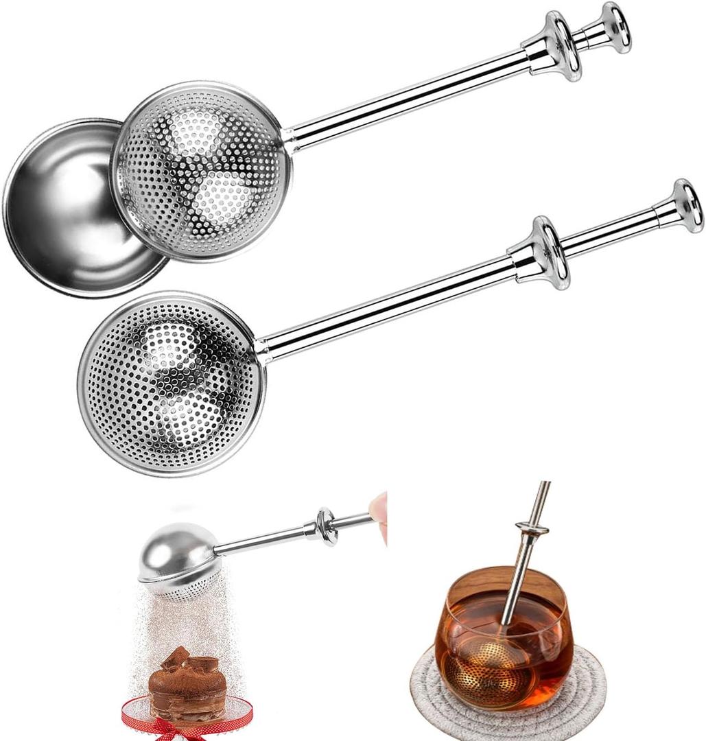 2pcs Stainless Steel Loose Tea Leaf Steeper&Sugar Shaker Duster Sifter 2 in 1, tea ball for loose leaf tea,tea strainers One-Hand Operated Spring-Loaded