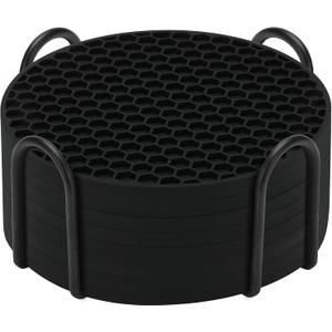 Silicone Coasters Set of 8 with Holder,Coasters for Drinks,Beer,Coffee Coasters,Suitable for Kinds Cups,Hot or Cold,Anti-SLI,Non-Stick,Anti-Overflow Tabletop Protection and Decor (8 Pcs, Black)