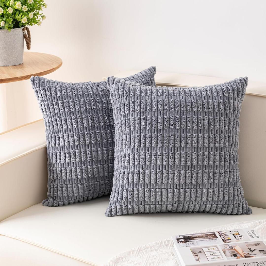 Pack of 2 Corduroy Decorative Throw Pillow Covers 24x24 InchSoft Striped Pillow Covers Modern Farmhouse Home Decor for Sofa Living Room Couch Bed（Light Grey）
