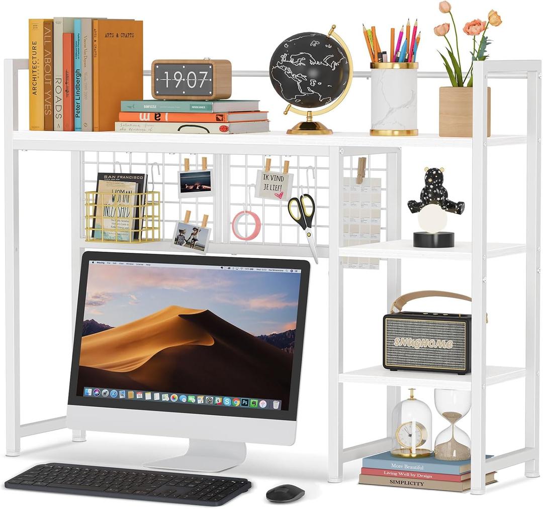 Snughome Desk Shelf, 38.6" Desktop Organizer Shelf, Desk Hutch for Computer Monitor, 4 Tier Desktop Display Rack with Pegboard Hooks Set, Wood Desk Bookshelf for Home Office Dorm, White