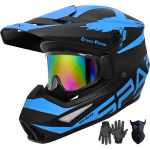 Motocross Helmet,Adult Youth ATV Dirt Bike Motorcycle Helmet,BMX 4-Wheeler Off-Road Mountain Bike Helmet,DOT Certified,W/Gloves Goggles Mask 4-Piece Set (X Blue, Large)