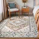 Lessymo 5x8 Area Rug for Living Room - Machine Washable Area Rugs, Super Soft Faux-Wool Area Rugs for Bedroom Kitchen, Boho Rug Vintage Floral Non-Slip Low Pile, Brown Beige