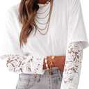 LOLONG T Shirts for Women Spring 2026 Long Sleeve Lace Patchwork Crew Neck Tops Casual Tees