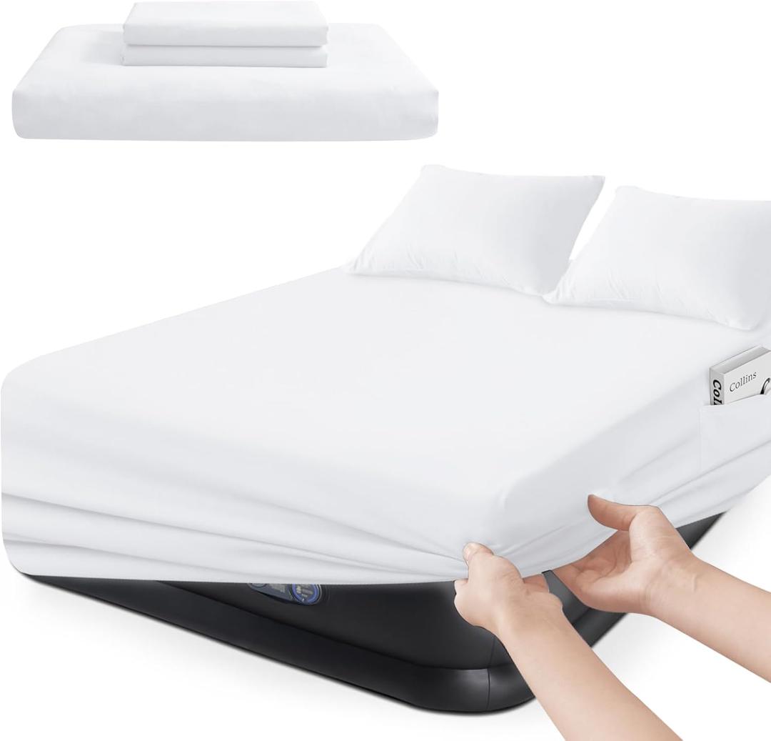 Extra Deep Pocket Queen Sheet Sets for Air Mattress with Pocket on Side | Sheet Set Queen Size Extra Deep Pocket 16 to 24, White