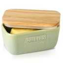HVH Ceramic Butter Dish with Lid for Countertop, Airtight Butter Keeper with Turquoise Wooden Lid (6 x 3.5 x 2.7)