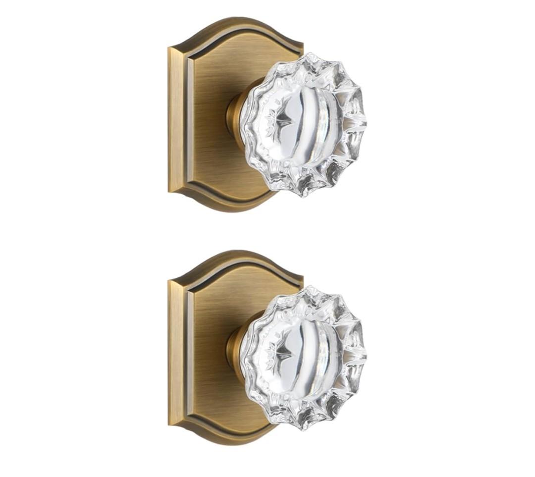 2 Pack Crystal Glass Dummy Door Knobs, Non-Turning Single Side Dummy Door Knob for Interior Doors in Antique Brass