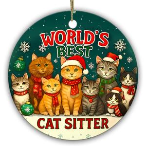 3 x World’s Best Cat Sitter Christmas Ornament – Funny Cat Lover Gift, Pet Sitting Appreciation Holiday Decoration, Ceramic Keepsake for Kitten Owners, Friends & Family