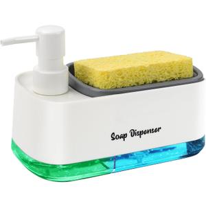 Kitchen Dish Soap Dispenser SetDish and Hand Soap Dispenser with Sponge Holder, 3-in-1 Countertop Sponge Dual Soap Pump Dispenser for Kitchen Sink - White