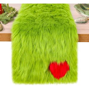 Christmas Green Faux Fur Table Runner Whimsical Lime Green Christmas Table Runner 13'' x 72'' Holiday Party Kitchen Fireplace Dining Room Home Decoration(1 Pcs)