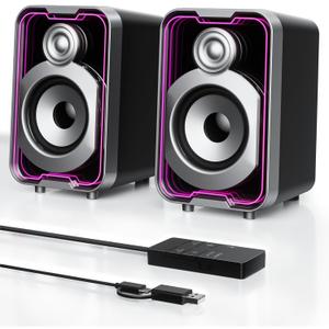 SOULION 2.0 Computer Speakers, 10W USB-Powered Bluetooth Wired PC Speaker with Easy-Control Pod for Desktop, Tiny Desk Soundbar with 5 Mirror-Like LED Light Modes for Monitor Laptop Gaming Music Black