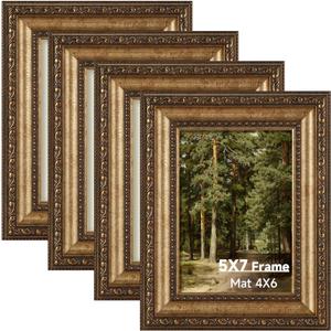 Splinterix 5x7 Antique Bronze Vintage Picture Frame Set of 4, Ornate Vintage Picture Frames for Wall or Tabletop Display, 5x7 Photo Frame Gold with Real Glass, Display Poster 4x6 with Mat or 5x7 without Mat for Antique Dco