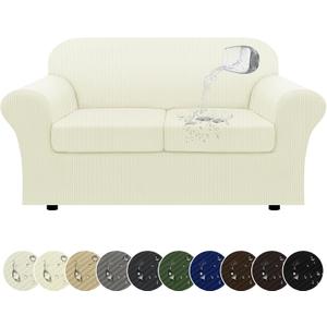 100% WaterproofLoveseat Cover 3-Piece Set Striped Loveseat Slipcovers for 2 Cushion Couch Sofa Covers with TPU Leakproof Bottom Stretch Couch Protector Pet Proof - Loveseat, Ivory