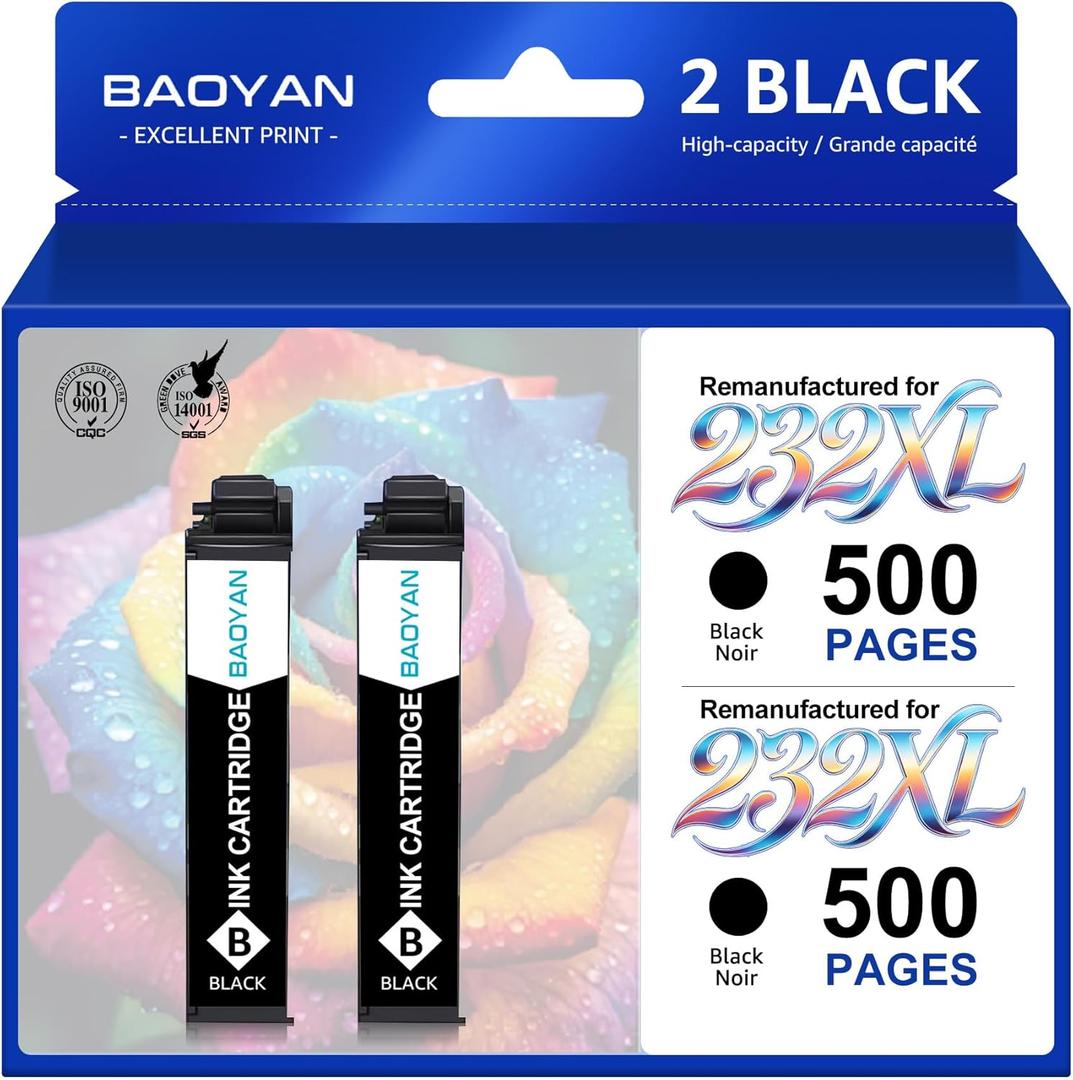 Remanufactured Ink Cartridge Replacement for Epson 232 Black Ink Cartridge Works with Workforce Pro WF-2950 WF-2930 Expression XP-4200 XP-4205 Printers (2 Black)