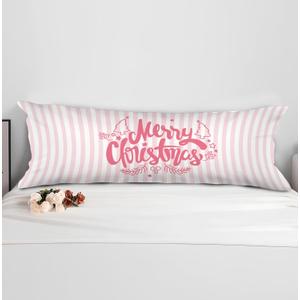 Pink Striped Christmas 20x54 Body Pillow Cover with Zipper,Merry Christmas Decor,Coquette Preppy Pink Bow Xmas Striped Decorative Long Hug Pillow Cases for Bed Couch