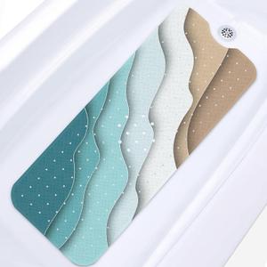 Blue Abstract Beach Bath Mat for Tub Non Slip, Blue Sea 40 X 16 Inch Extra Long Bathtub Mat for Tub Anti Slip with Suction Cups and Drain Holes for Kids Adults Elderly