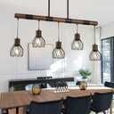 5-Light Dining Room Light Fixture, Farmhouse Linear Chandeliers for Dining Room, Kitchen Chandeliers Over Table, Black Chandelier Rustic Wood Pendant Lights Kitchen Island, with Metal Lampshade