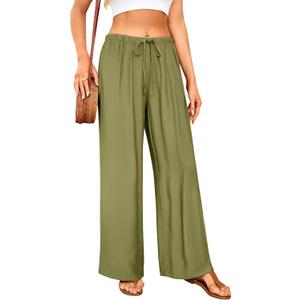 GUOLEZEEV Women Wide Leg Flowy Linen Pants Loose Drawstring Casual Pants Beach Vacation Trouser (Green, M)