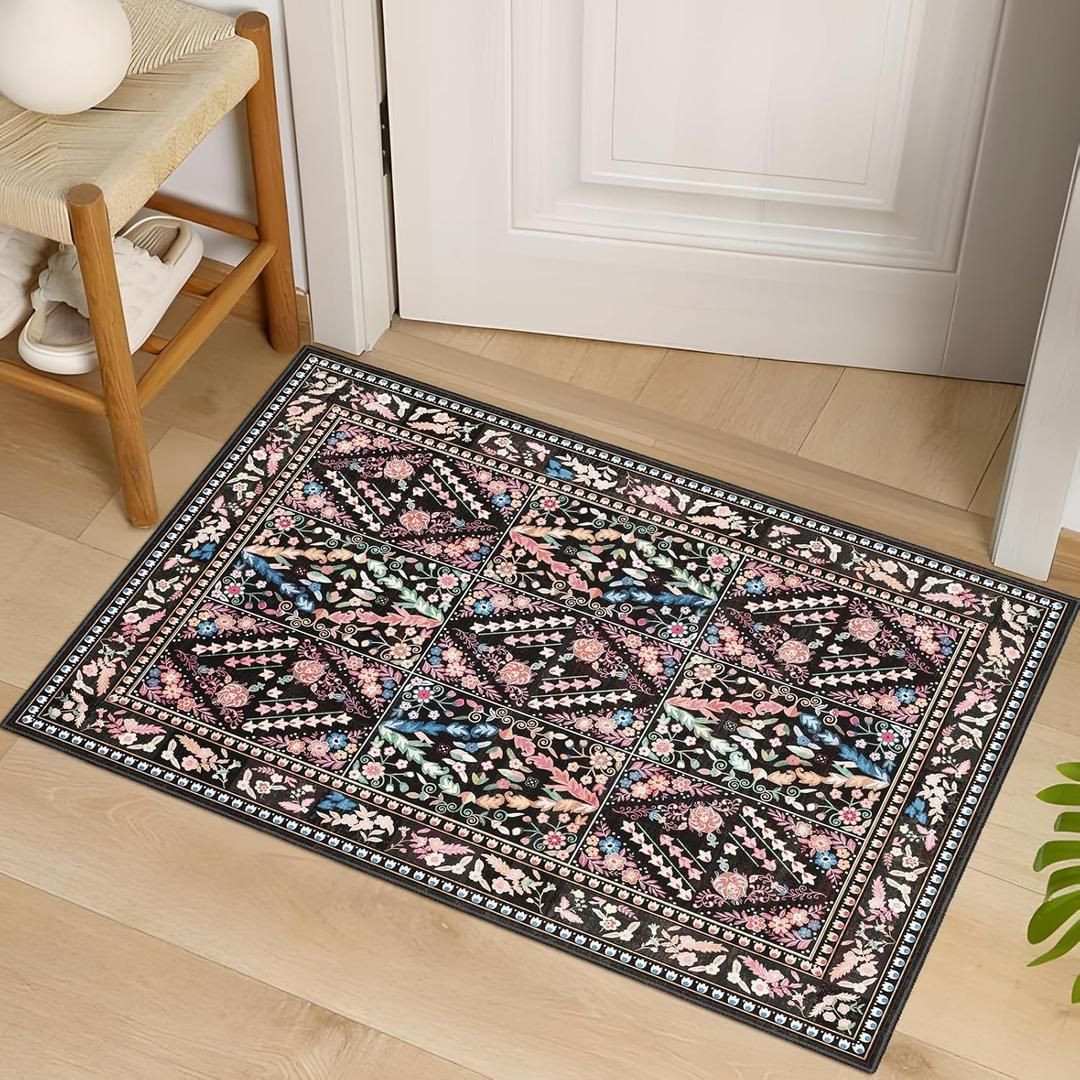 Black Rug 2'x3' - Small Washable Entry Rug Floral Boho Diamond Area Rug for Entryway Kitchen Bathroom Door Mat Indoor Entrance, Pet & Kids Friendly Stain & Fade Resistant Non Slip Carpet