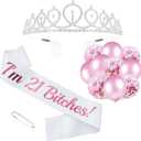 "I'm 21 Bitches" Sash and Rhinestone Tiara Kit, Pink Letter White Birthday Sash Balloons Crystal Silver Tiara Crown for Girl 21st Birthday Gift Ideas Party Decorations